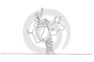 businessman investor riding and balance himself on rodeo bull concept of stock investor. Single line art style