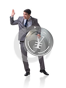 The businessman with japanese yen coin isolated on white background