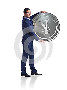 The businessman with japanese yen coin isolated on white background