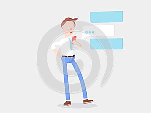 Vector illustration. Businessman Jimmy send message from phone. photo