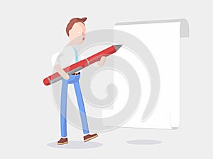 Vector illustration. Businessman Jimmy signs paper. Agreement. photo
