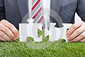 Businessman joining puzzle pieces on grass