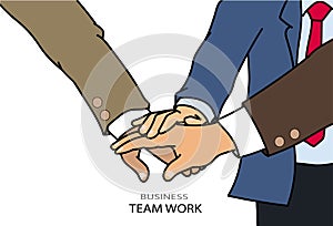 Businessman joining united hand, business team touching hands together after complete a deal in meeting. unity teamwork