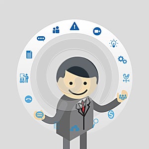 Businessman juggling business icons