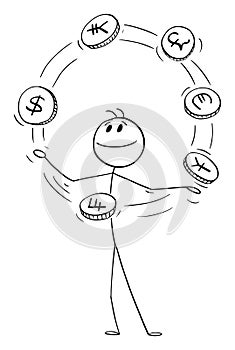 Businessman Juggling With Coins , Vector Cartoon Stick Figure Illustration