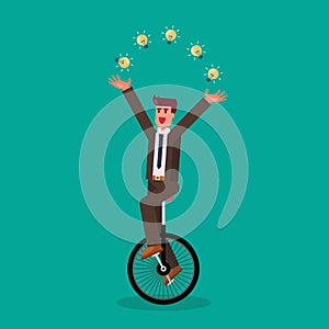 Businessman juggling the light bulb on unicycle