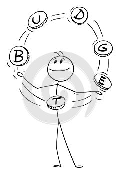 Businessman Juggling With Word Budget, Vector Cartoon Stick Figure Illustration