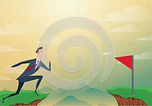 Businessman jump through the gap obstacles between hill to red flag and success. Running and jump over cliffs. Business