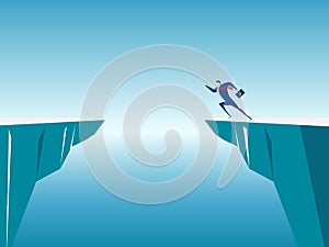 Businessman jump through the gap obstacles between hill to success.