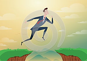 Businessman jump through the gap obstacles between hill to success. Running and jump over cliffs. Business risk and