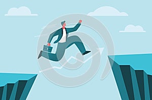 Businessman jump over the cliff