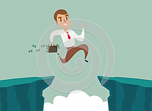 Businessman jump over cliff gap, overcome the difficulty. Business concept