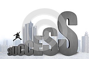 Businessman jumping on 3D success concrete word with city background