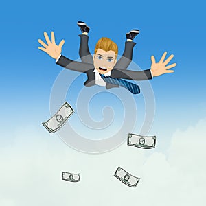 Businessman jumping in the blue sky