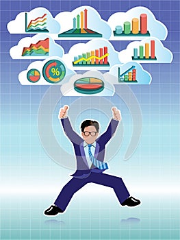 Businessman jumping with business graphs cloud set