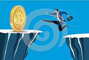 Businessman jumping of cliff to grab Bitcoin. vector