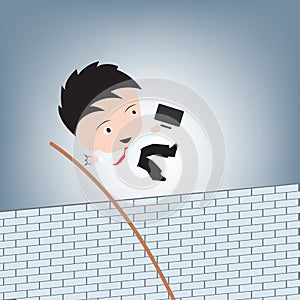 Businessman jumping cross brick wall for escape, creative obstacle concept illustration vector in flat design