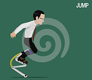 A businessman is jumping with jumping equipment