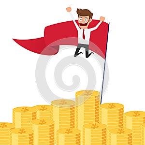 Businessman jumping on money pile and red flag. Investment and saving concept. Increasing capital and profits. Wealth and savings