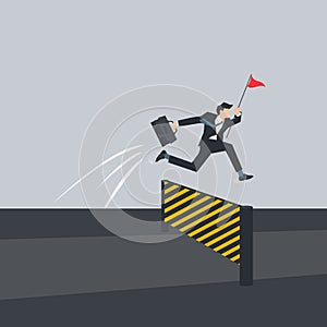 Businessman jumping on the obstacle. Survive and success overcoming obstacles in business or career concept