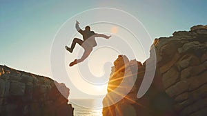 Businessman Jumping off Cliff at Sunset