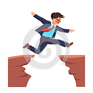 Businessman Jumping Over Abyss Challenge Vector Illustration