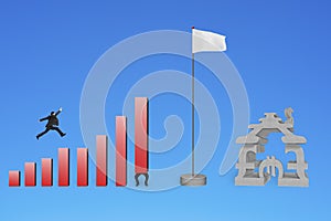 Businessman jumping over bar charts to flag with currency house