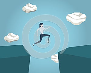 Businessman jumping over chasm vector concept. Symbol of business success, challenge, risk, courage. Eps10 vector illustration