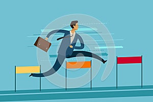 Businessman jumping over hurdle. Goal achievement business concept. Vector illustration
