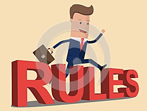 Businessman jumping over a hurdle obstacle rules concept text. Vector illustration