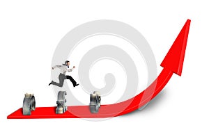 Businessman jumping over money symbol on growing red arrow