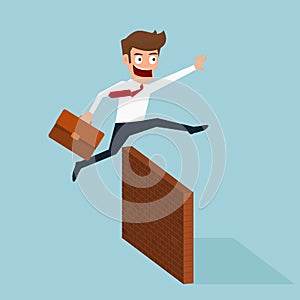 Businessman jumping over obstacle.