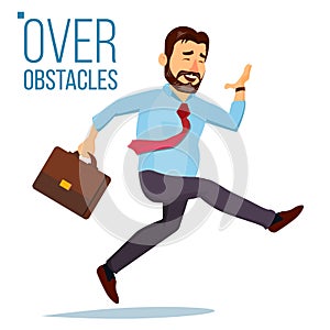 Businessman Jumping Over Obstacles Vector. Leader. Competing Race. Overcoming Obstacles, Achieving Goal. Isolated Flat