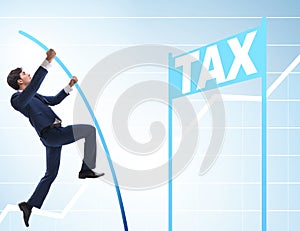 Businessman jumping over tax in tax evasion avoidance concept