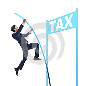 Businessman jumping over tax in tax evasion avoidance concept