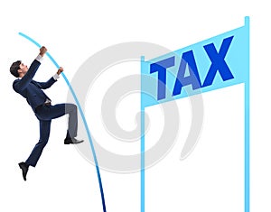 Businessman jumping over tax in tax evasion avoidance concept