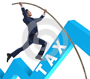 Businessman jumping over tax in tax evasion avoidance concept