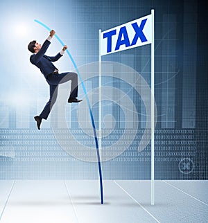 Businessman jumping over tax in tax evasion avoidance concept