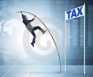 Businessman jumping over tax in tax evasion avoidance concept