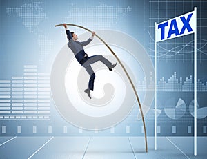 Businessman jumping over tax in tax evasion avoidance concept