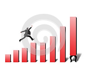 Businessman jumping on red bar chart with another lift one