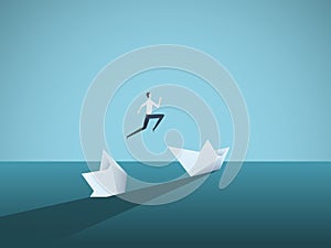 Businessman jumping from sinking ship vector concept. Symbol of new beginning, bailout, bankruptcy, new opportunity.