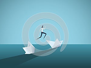 Businessman jumping from sinking ship vector concept. Symbol of new beginning, bailout, bankruptcy, new opportunity.