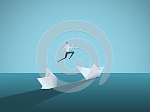 Businessman jumping from sinking ship vector concept. Symbol of new beginning, bailout, bankruptcy, new opportunity. photo