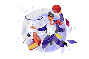 Businessman jumping taking slamdunk in basket