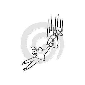 Businessman jumping to grab money bag falling from sky vector il