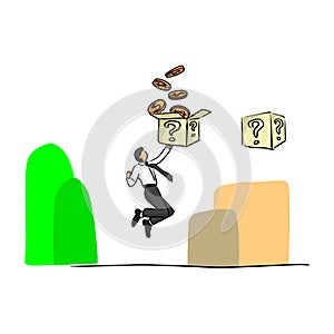 businessman jumping to hit the flying box with golden coins vector illustration sketch doodle hand drawn with black lines isolate