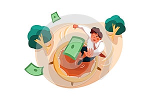 Businessman jumping on a trampoline to catch a dollar