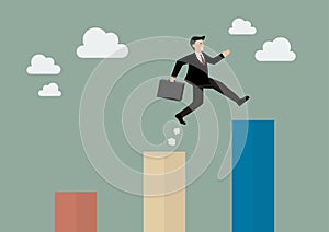 Businessman jumping up to a higher bar chart