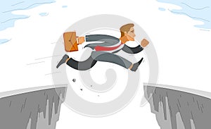 Businessman jumps through gap, business risk concept vector illustration, man employee worker leap over obstacle, career problems